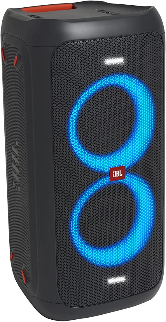 JBL Partybox 100 Bluetooth Party Boombox Speaker – High Power Audio System with Light Effects and Mic/Guitar inputs – in Black with Neon Multicolour Lighting