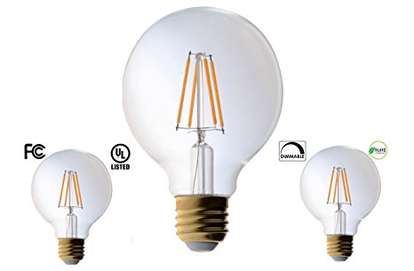 3 Pack Bioluz LED™ Dimmable Clear LED Filament G25 Globe 4.5 Watt = 40 Watt Equivalent Soft White (2700K) Light Bulb 470 Lumens UL Listed