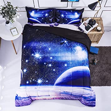 HIG 3D Bedding Set 2pc Twin Size Outer Space Universe Print Comforter Set with One Matching Pillow Cover -Box Stitched Quilted Duvet -General for Men and Women Especially for Children (P23,Twin)