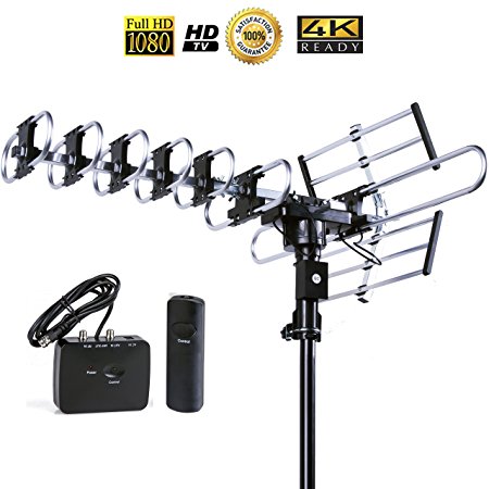 Five Star Outdoor 4K HDTV Antenna 200 Miles Auto Gain Control Long Range with Motorized 360 Degree Rotation, UHF/VHF/FM Radio with Infrared Remote Control Advanced Design