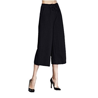 Ukiss Women's Elastic Waist Tenths Pant Wide Leg Palazzo Capri Trousers Black