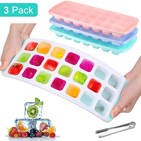 MOSOTCH 3 Packs Ice Cube Tray, Silicone Ice Moulds with Removeable Lids and Ice Clip, Perfect for Chilled Drinks, Freezer, Baby Food, Whiskey and Cocktail, LFGB Certified and BPA Free