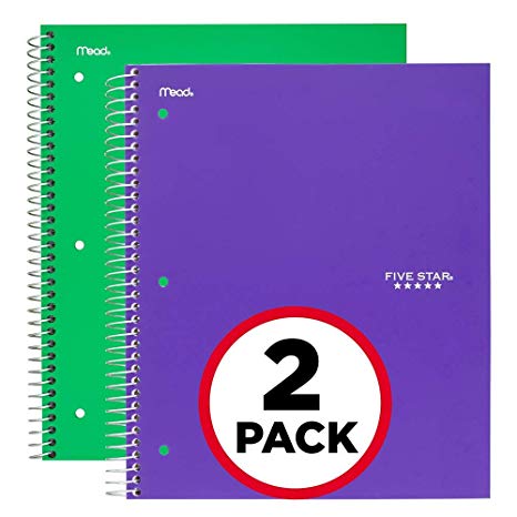 Five Star Spiral Notebooks, 1 Subject, College Ruled Paper, 100 Sheets, 11" x 8-1/2", Green, Purple, 2 Pack (38451)