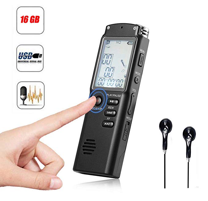 High Fidelity Digital Voice Audio Recorder, 16GB USB Charging Voice Recorder Dictaphone with A-B Repeat, MP3 Player, Time Display, HD Recording for Lecture Class Concert Meeting