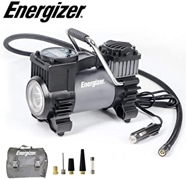 Energizer Portable Air Compressor Tire Inflator, 12V DC Air Pump for Car Tires with Auto Shut Off Function - 120 Max PSI, Preset Pressure Feature, Led Lighting, Digital LCD Display, and Carrying Case