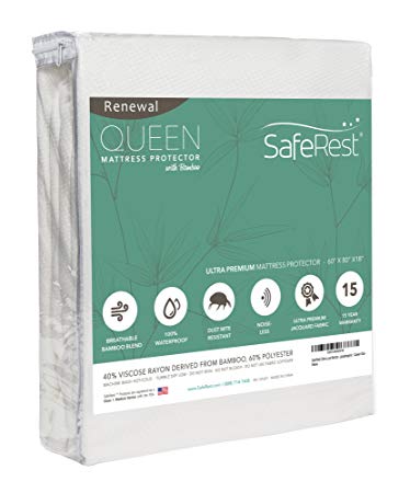 SafeRest Renewal Bamboo Derived Viscose Rayon Mattress Pad Protector Cover - Waterproof, Breathable, Hypoallergenic, Vinyl Free - Queen Size