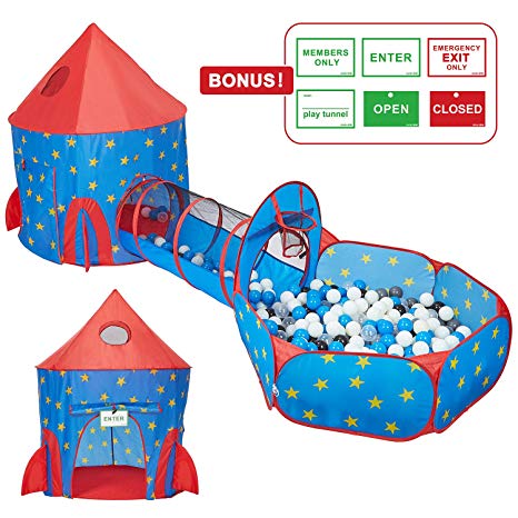 HAN-MM 3pc Kids Play Tent, Tunnel & Ball Pit Basketball Rocket Ship Astronaut Hoop Toys with Bonus Message Signs for Indoor Outdoor Camping Children Activity Center