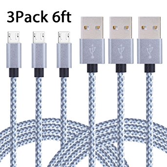 Vanzon Micro USB Cable,3Pack 6FT Long Nylon Braided High Speed 2.0 USB to Micro USB Charging Cables Android Fast Charger Cord for Samsung Galaxy S7 Edge/S6/S4,Note 5/4/3,HTC,Tablet-Gray White