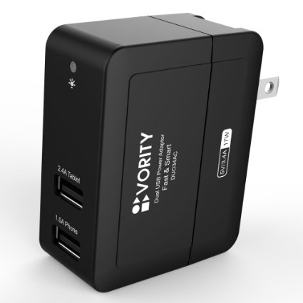 Dual USB Wall Charger 34A17Watts Black 24A12W10A5W Universal Portable Travel AC Power Adaptor Swivel US Plug For Apple iPad Air432 iPhone 65S5C54S43GS iPod Samsung Galaxy Tab 32 Note 32 S 432 Motorola Droid Rarz Maxx Nokia HTC Android Blackberry and Windows Phones and Tablets PSP GPS MP3MP4 Cameras Bluetooth SpeakersHeadset Battery Cases Power Banks and Most of USB20USB30 Powered Devices Vority Fast and Smart DUO34AC - 2 Years Warranty