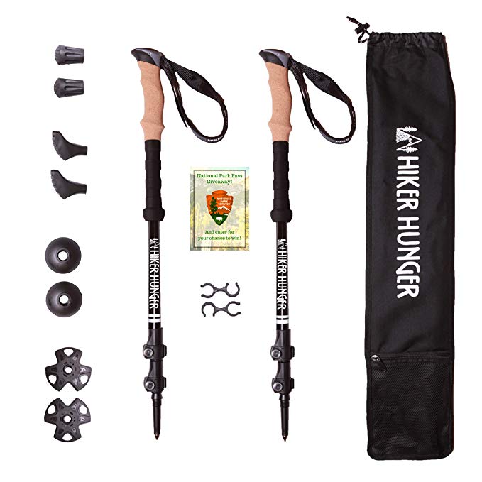 Hiker Hunger Aluminum 7075 Trekking Poles Ultra Lightweight & Strong, Adjustable with Quick Flip Lock - Cork Grip & Padded Straps, Tungsten Tips for Hiking and Backpacking…