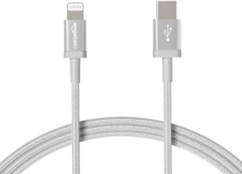 AmazonBasics Nylon Braided USB-C to Lightning Cable, MFi Certified Charger for iPhone 11/11 Pro/11 Pro Max/X/XS/XR/XS Max/8/8 Plus - Silver, 6-Foot