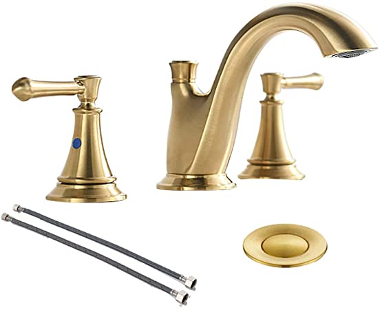 Brushed Gold Lead- Free 8 Inch 2 Handles 3 Hole Widespread Bathroom Sink Faucets, With Metal Drain And Water Supply Hoses,WF032-BG