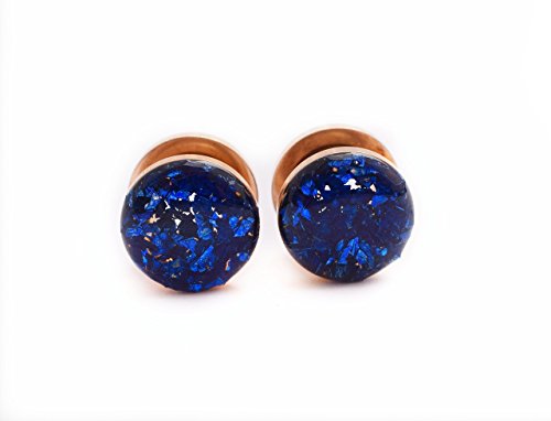 Sapphire Blue Crushed Glass on Rose Gold Plugs 16g, 10g, 8g, 6g, 4g, 2g, 0g, 00g, 7/16, 1/2in, 9/16, 5/8, 11/16, 3/4, 7/8, and 1 inch