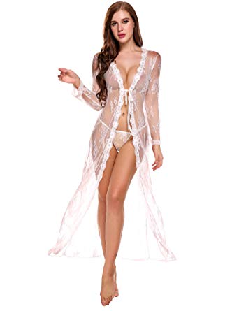 LOMON Lingerie for Women Sexy Long Lace Dress Sheer Gown See Through Kimono Robe