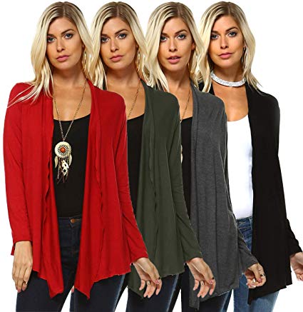 Isaac Liev 4-Pack Women’s Open Front Lightweight Casual Flyaway Cardigan - Made in The USA