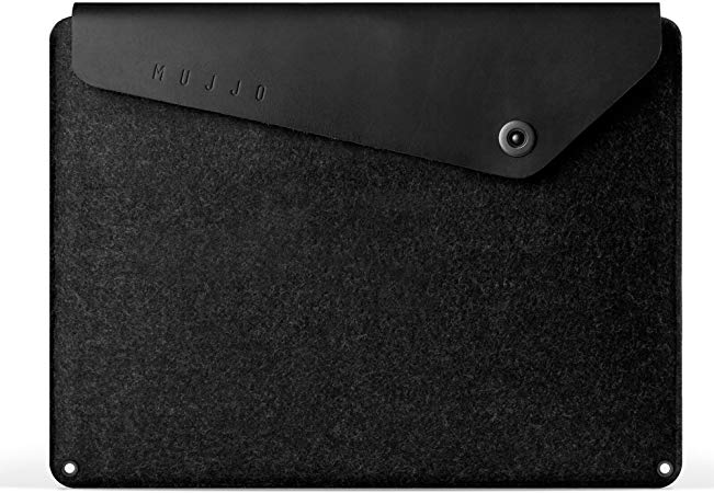 Mujjo Sleeve for 13" MacBook Air (2018 ), 13" MacBook Pro | Premium Wool Felt, Leather Flap, Snap Button | Storage Compartments, Card Pocket (Black)