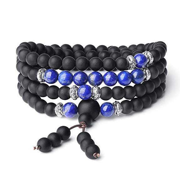 AmorWing Mens Womens 108 Beads Matte Onyx Stone Beaded Mala Wrap Bracelet Necklace