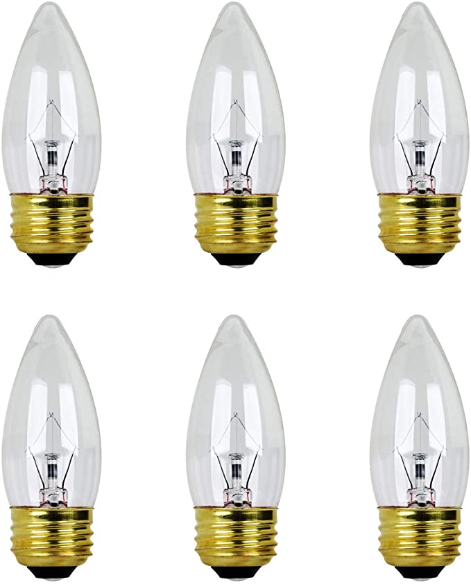 25W B11 Incandescent Clear Chandelier Light Bulb, Torpedo Tip, E26 Medium Base, 170 Lumens, Dimmable, 120V, (6 Pack)