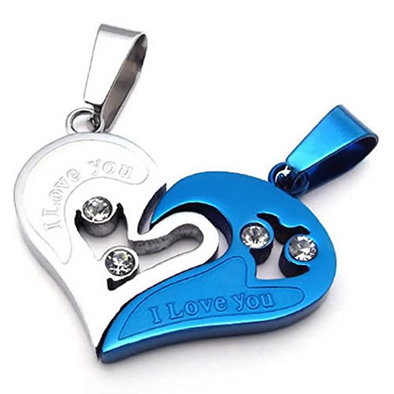 KONOV 2pcs Mens Womens Couples Heart Stainless Steel Pendant Love Necklace, 18 & 22 inch Chain, Blue