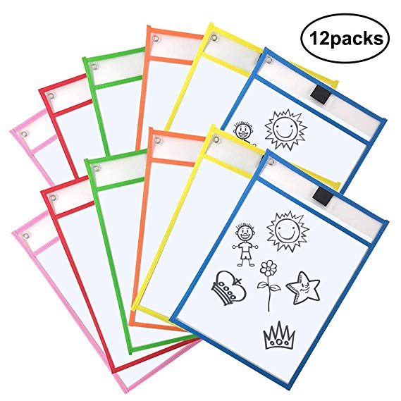 Dry Erase Pockets, 12 pcs Multicolored Reusable Dry Erase Pockets, Oversize 15 x 11 Inches, Perfect for Office Supplies Classroom Organization, Home School Teaching Supplies for Kids Students Teachers