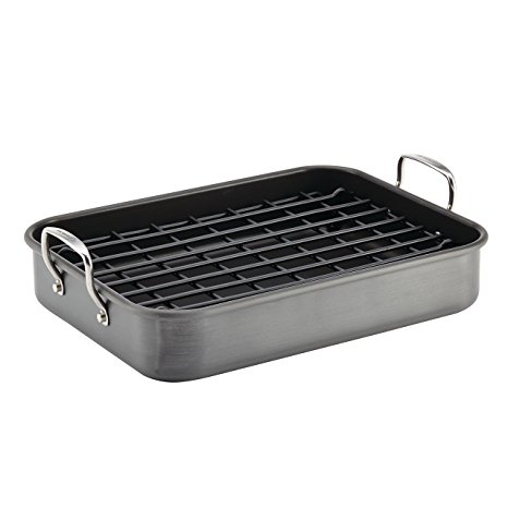 Rachael Ray Hard-Anodized Nonstick Bakeware 16-Inch by 12-Inch Roaster with Dual-Height Rack, Gray