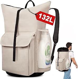 132L Laundry Bag Backpack College Extra Large Heavy Duty, Laundry Bag with Shoulder Straps for College Dorm Essentials, Large Laundry Backpack for Travel, Laundromat, Apartment, Khaki