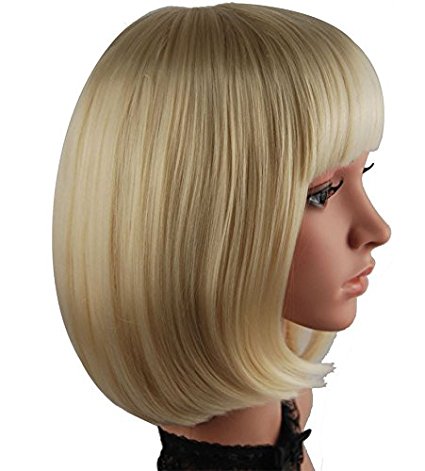 eNilecor Short Bob Hair Wig 12'' Straight Flat Bangs Cosplay Wigs (Light Blonde)
