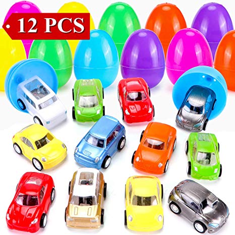 12 Pcs Filled Easter Eggs with Toy Cars,3.15"-Easter Pary Favor-Plastic Prefilled Eggs with Mini Pull Back Vehicles Toys for Toddlers