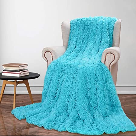 Andecor Soft Fluffy Faux Fur Throw Blanket - 50 x 60 Inches Plush Lightweight Warm Shaggy Fleece Blankets for Bed Couch Sofa Chair Home Decorative, Teal Blue
