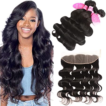 Body Wave Bundles with Frontal, Younsolo 13x4 Lace Frontal with Bundles Pre Plucked with Baby Hair Natural Wave Unprocessed Virgin Human Hair Free Part Ear to Ear Can Be Dyed and Bleached(22 24 26 20)