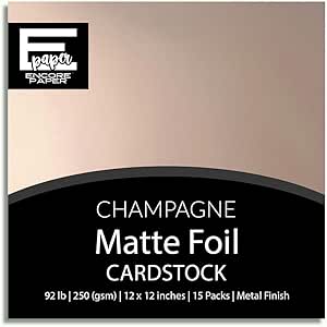 CHAMPAGNE Matte Foil Cardstock - 12x12 Foil Cardstock - Encore Paper | 15 Pack | 92 lb Weight (250 gsm) | Light Rose Gold Matte Finish | Acid & Lignin Free