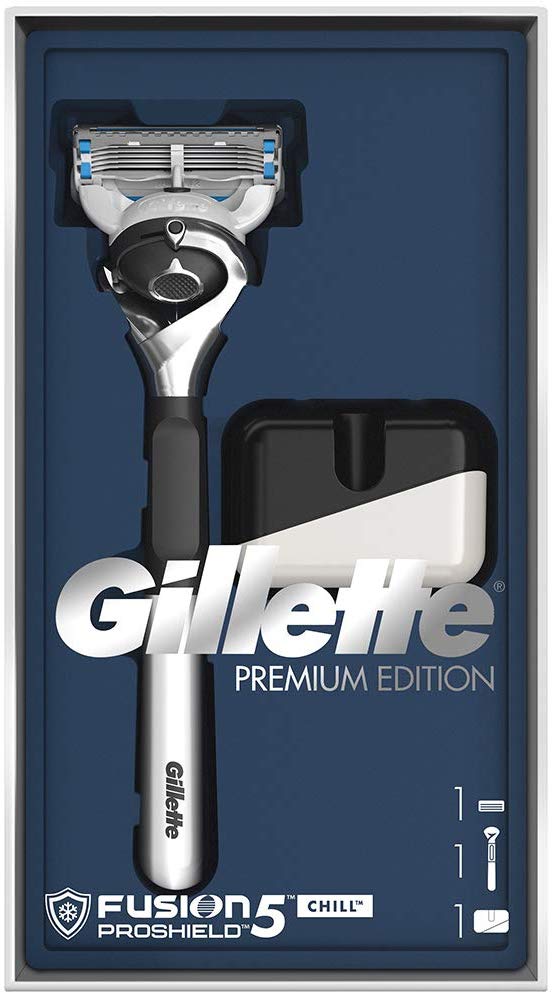 Gillette Gift Set with Fusion5 ProShield Chill Chrome Razor Premium Edition for Men   Razor Stand