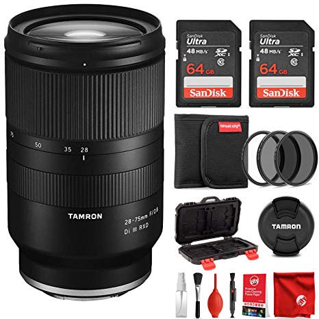 Tamron 28-75mm F/2.8 for Sony Mirrorless Full Frame E Mount Lens Bundle with 2X 64 GB Memory Cards Filter and Cleaning Kit