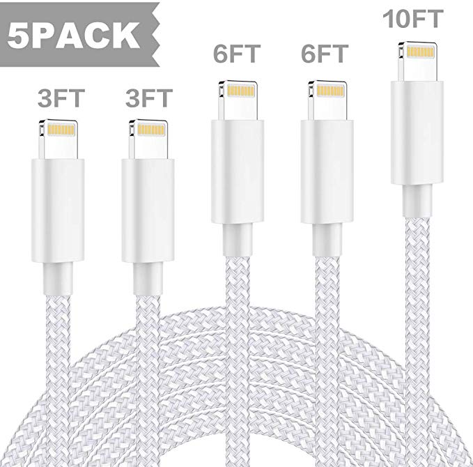iPhone Charger, MFi Certified Lightning Cable KRISLOG 5Pack 2x3FT 2x6FT 10FT Extra Long Nylon Braided USB Fast Charging& Syncing Data Compatible iPhone Xs MAX XR 8 8 Plus 7 7 Plus 6s 6s Plus Silver