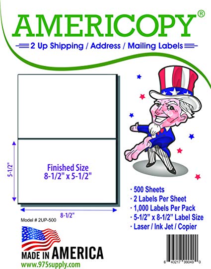 Americopy - Half Sheet - Shipping Labels - 5-1/2" X 8-1/2" - 1,000 Labels
