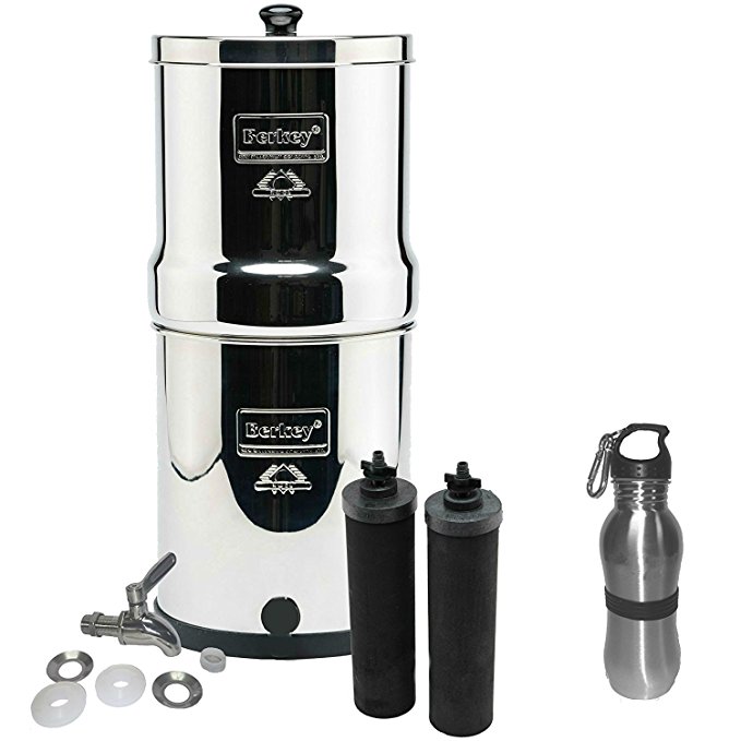 Travel Berkey Water Filter Stainless Steel Bundle: 2 Black Filters, Stainless Steel Spigot, 1 Stainless Steel Water Bottle (1.5 Gallon Travel Berkey)