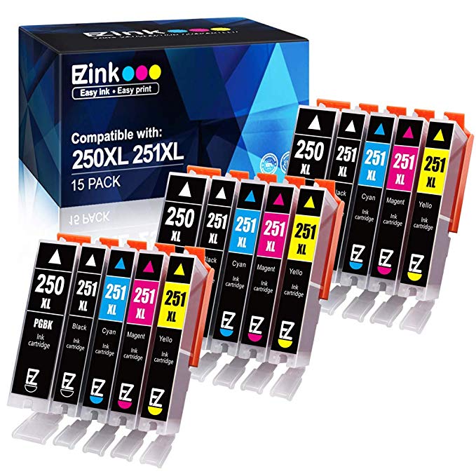 E-Z Ink (TM) Compatible Ink Cartridge Replacement for Canon PGI-250XL PGI 250 XL CLI-251XL CLI 251 XL to use with PIXMA MX922 MG5520 (3 Large Black 3 Cyan 3 Magenta 3 Yellow 3 Small Black) 15 pack