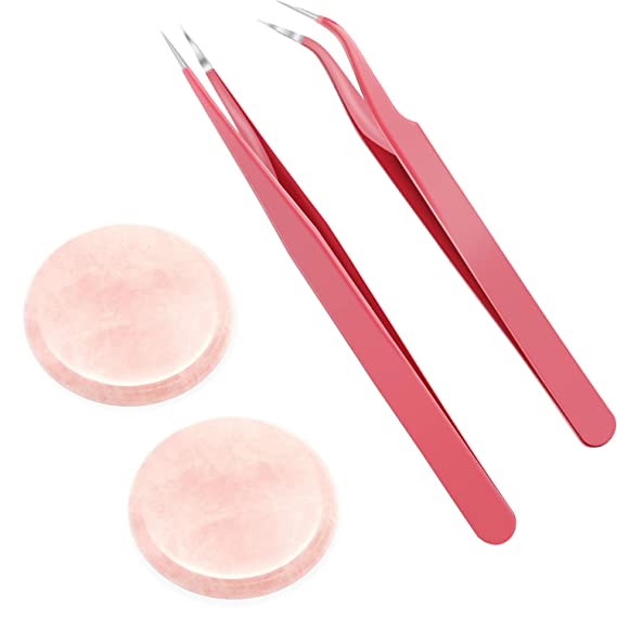 2 Pieces Jade Stone Eyelash Extensions Round Jade Stone Adhesive Glue Lashes Pallet with 2 Pieces Straight and Curved Tip Tweezers Nipper for False Lash Application Tools (Pink)