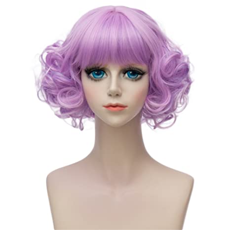 Kadiya Rainbow Purple Short Curly Wavy Layered Lolita Harajuku Cosplay Wigs Costume Hair