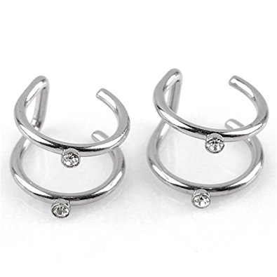 Jovivi 16g Stainless Steel Clear Crystal 2 Row Helix Fake Cartilage Clip on Ear Cuff Wrap Earring