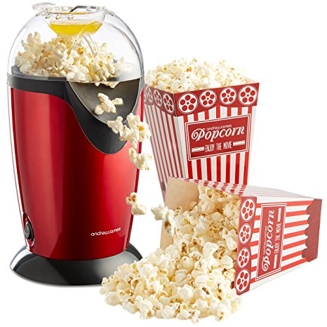 Andrew James Hot Air Popcorn Maker Machine in Red, Oil Free, Includes Measuring Scoop, Butter Melting Lid, Cool Touch Top and 4 Cinema Style Boxes