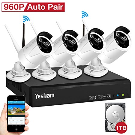 YESKAM Wireless Security Camera Systems 4CH 1080P HD Network Video Recorder NVR with 4pcs 1.3MP 960P Wifi Bullet IP Cameras & 1TB Surveillance HDD for Outdoor Home Monitoring Kit