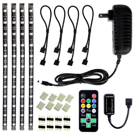 New Version 5050 RGB Pre-Cut Multicolor Accent LED Home Theater TV Backlight Kit,eTopxizu 4 PCS 5050 RGB LED Strip Lights With Remote Control And 12V Power Supply,Wire Mounting Clips and Connectors