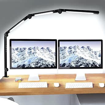 vimeepro LED Desk Lamp with Clamp Flexible 4 sections Swing Arm Three light sources desk light, 4 Color Modes & 5 Brightness, Eye Caring Led table light with Memory Function for table lamps for office