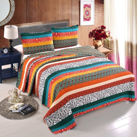 Luxury 100% Cotton Boho Stripe 3-Pieces Quilt Set Full/Queen Size-Machine Washable and Dryable