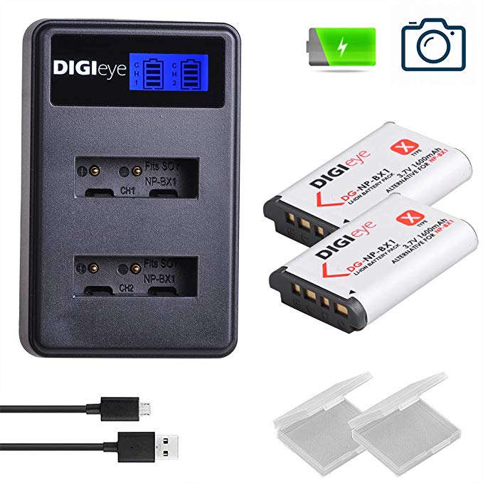 DIGIeye NP-BX1 1600 mAh Battery (2-Pack) and LCD Dual USB Charger for Sony NP-BX1/M8, Cyber-Shot DSC-HX80, HX90V, HX95, HX99, HX350, RX1, RX1R II, RX100 (II/III/IV/V/VA/VI), FDR-X3000, HDR-AS50, AS300