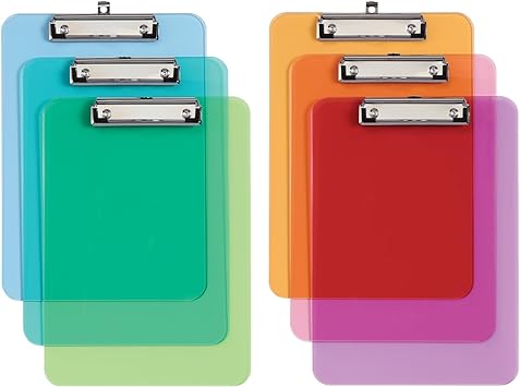 Oxford Plastic Clipboards, Metal Clip with Plastic Corners, Writing Surface with Hanging Loop, Assorted Colors, 12.5" x 9", 6PK (25402)