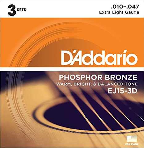 D'Addario EJ15-3D Phosphor Bronze Acoustic Guitar Strings, Extra Light, Pack of 3