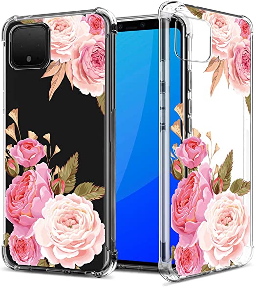 GREATRULY Floral Clear Pretty Phone Case for Google Pixel 4 XL (2019) for Women Girls,Flower Design Slim Soft Drop Proof TPU Bumper Cushion Silicone Cover Shell,FL-K
