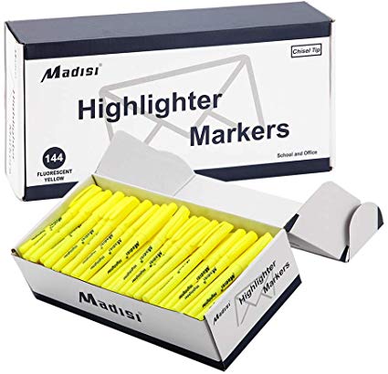Madisi Highlighters, Chisel Tip, Fluorescent Yellow, Bulk Pack, 144-Count